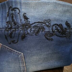 High Rise Blue Skinny Jeans with Black Floral Beaded Appliqué